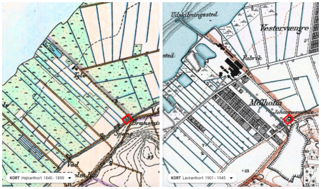 Kort over området før og efter opførelsen af Norden